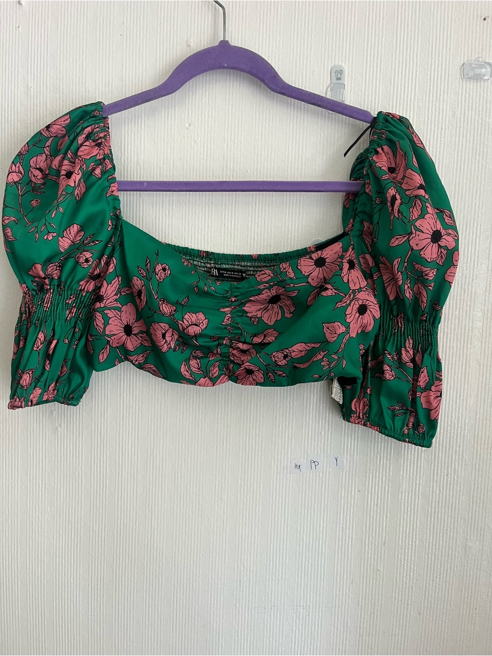 Zara Green Crop Top with Pink Floral Print